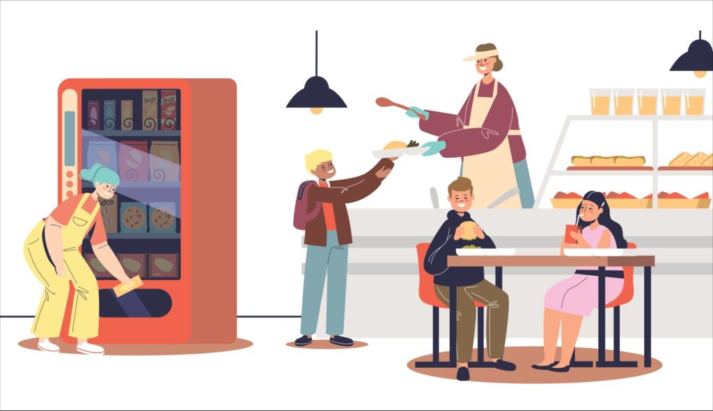 School cafeteria canteen interior with schoolchildren buying food and sitting at tables in dining hall after classes. Kids eating lunch in school. Cartoon flat vector illustration